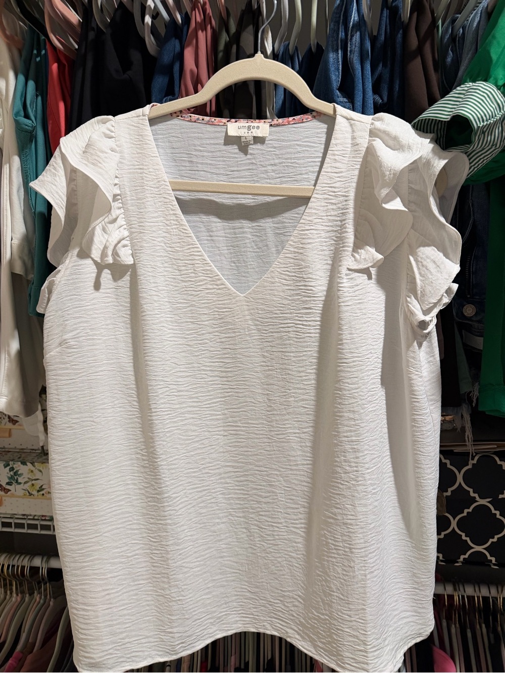 Umgee White Textured V-Neck Ruffle Sleeve Top